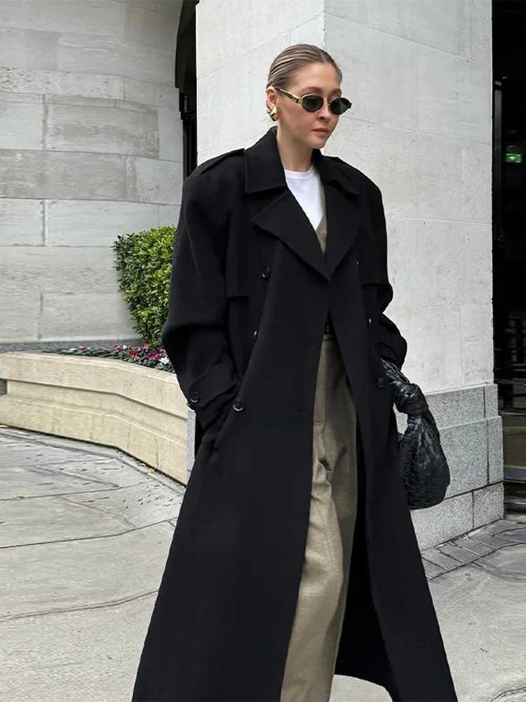Woolen Breasted Long Coat Women Lapel Double Breasted Casual Pocket Chic Elegant Outwear Autumn Winter Street Lady Overcoat J251124