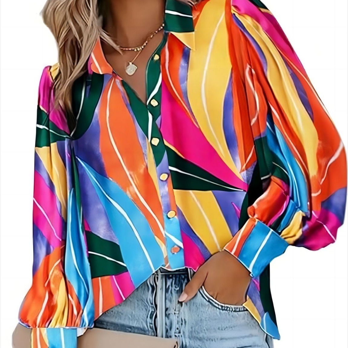 2024 autumn fashion casual long sleeved V-neck button printed shirt for women