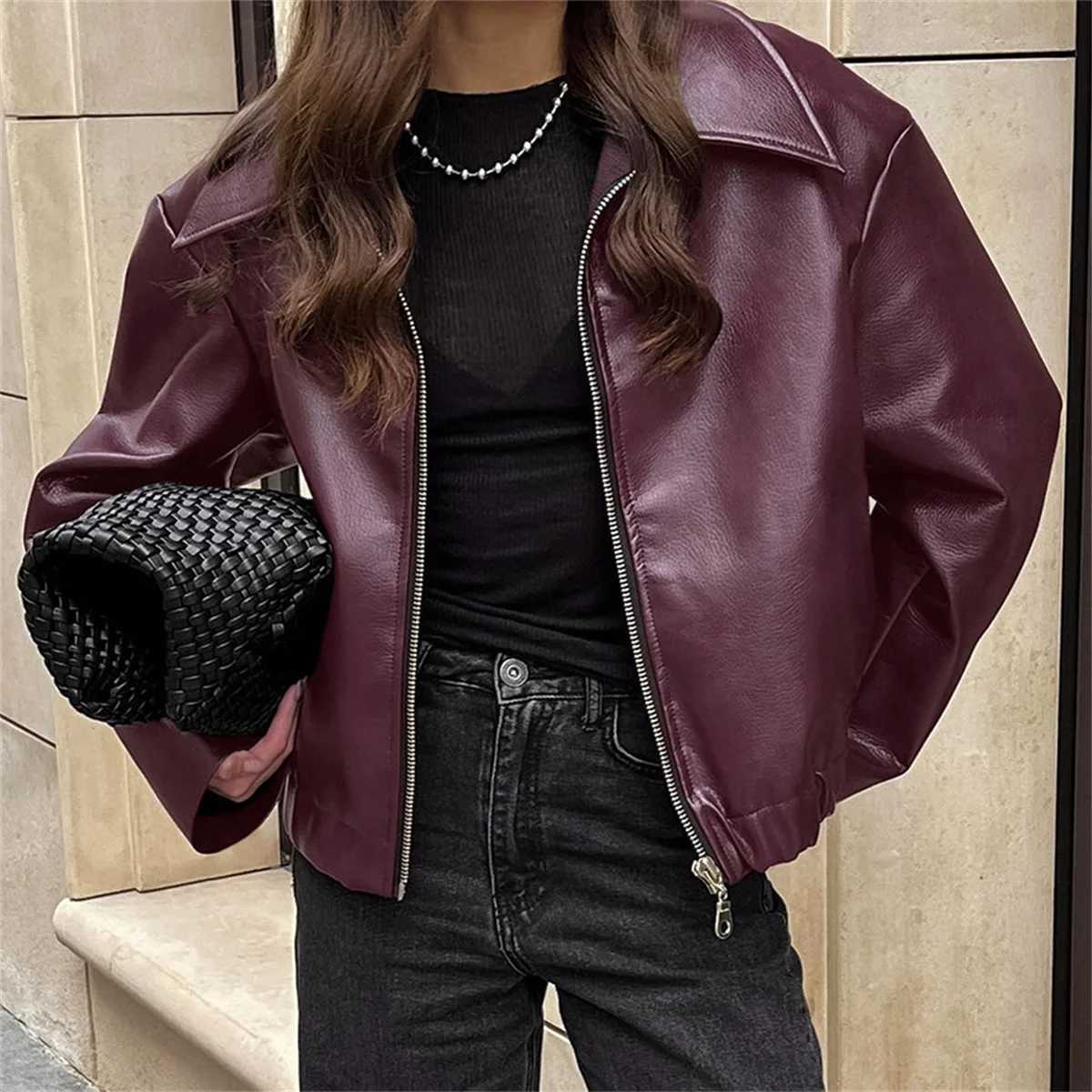 Women Vintage Wine Red Faux Leather Jakcet Fashion Outerwear Zipper Lapel Pu Coats Autumn Winter Streetwear Ladies Short Tops J251124