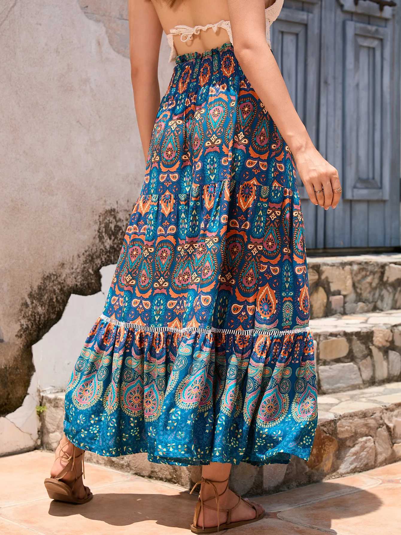 Bohemian Printing Skiing Holiday Womens Beach Skiing Travel Long Skiing Ethnic Splicing A-LINE Mid Skiing Women M250424