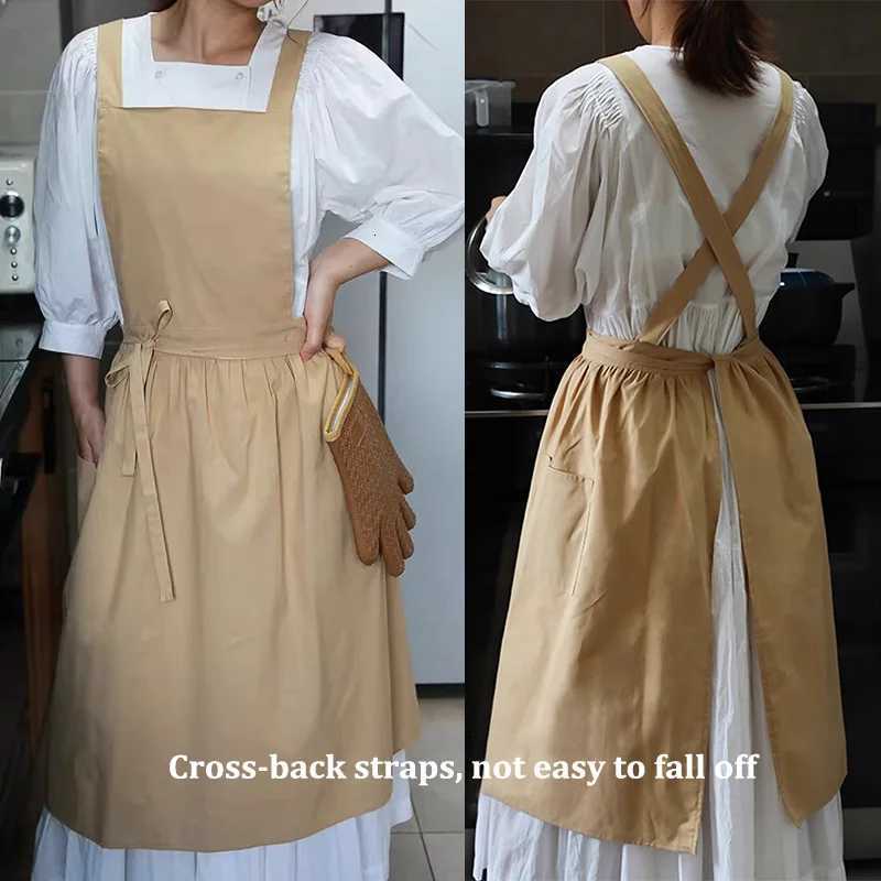 Long Cotton Pleated Womens Kitchen Apron with Pocket for Cooking Baking Cross-back Dress Work Apron for Beauty Salon Nail Shop C251124