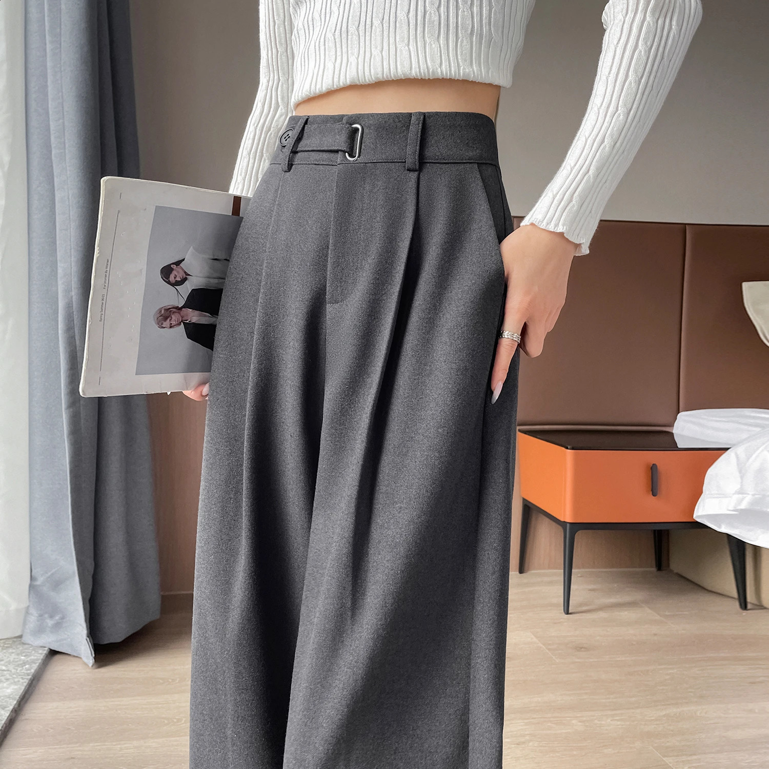 Autumn Winter Red Woolen High Waist Suit Wide Leg Womens Full Pants Female Elegant Straight Casual Loose Trousers 250421