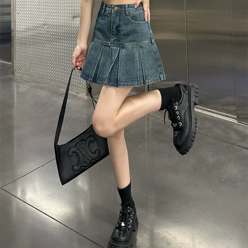 Womens High Waist Elegant Aline Skiing Girl Harajuku Denim Mini Dress Fashion Y2k Blue Packaging Hip Fold 250417