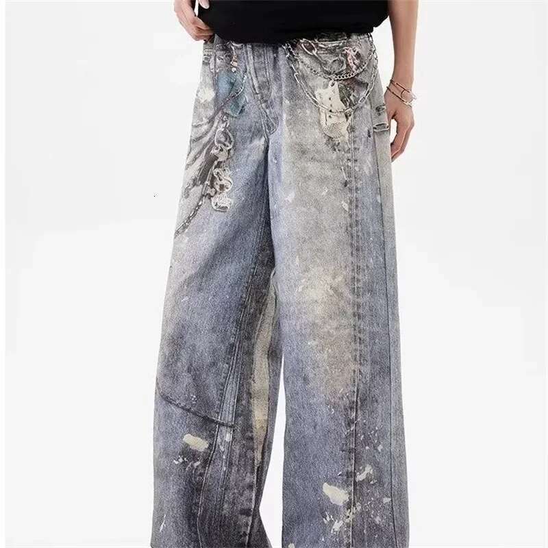 New 3D Chain Printed Jeans For Men And Women Casual Baggy Straight Denim Pants High Street Wide-Leg Y2k Blue Jean