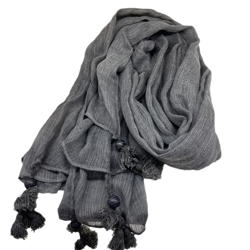 K507 Cotton and linen scarf for women, retro artistic wooden beads hanging beard, solid color silk scarf, spring, autumn and winter versatile long cas