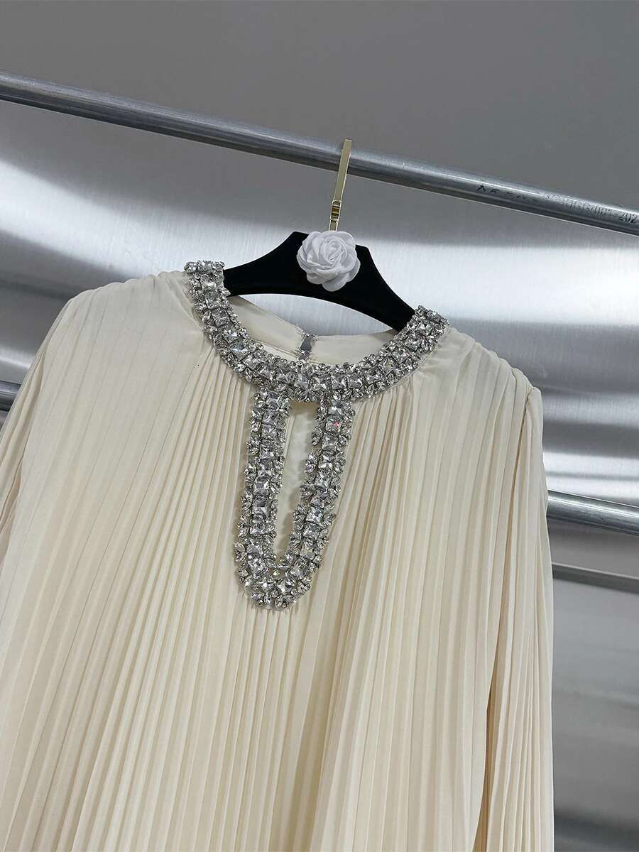 KBQ Solid Patchwork Feather Evening Dress For Women Round Neck Spliced Dias Long Sleeve Loose Design Sense Dresses Female
