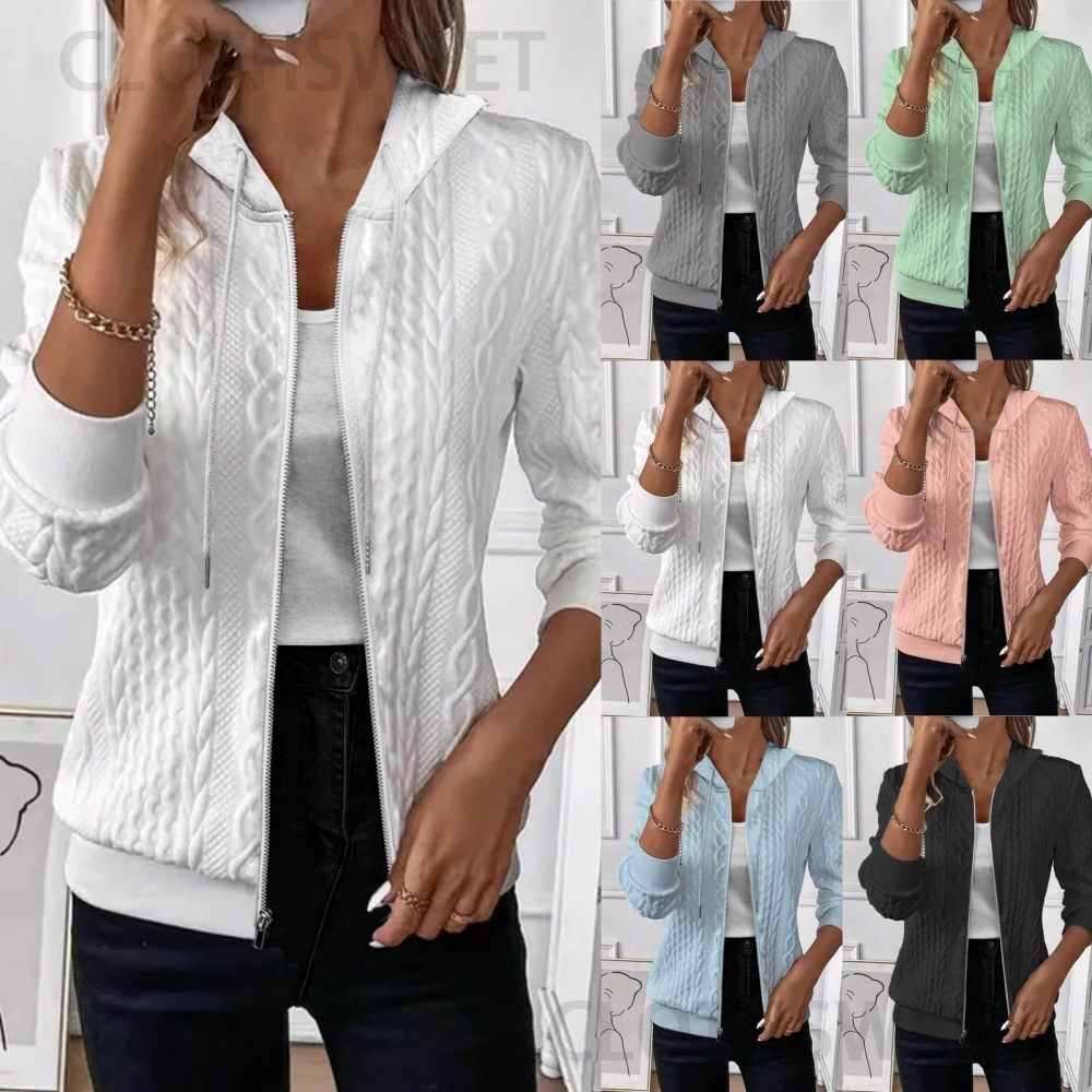 2024 autumn and winter solid color long sleeved knitted zipper hooded sweatshirt jacket for women