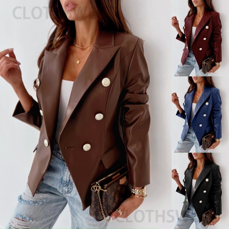 Autumn and winter new style long sleeve double breasted fashionable PU leather suit jacket