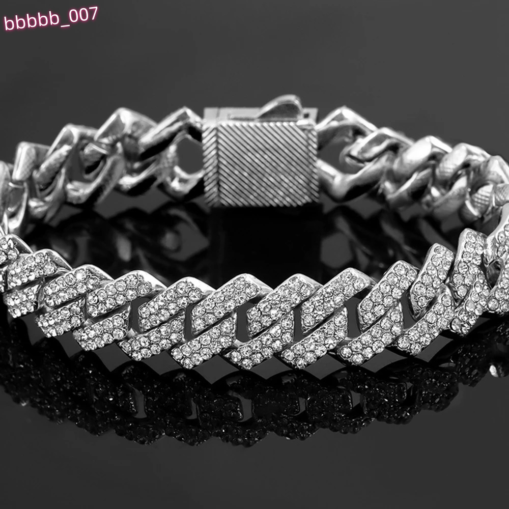 7/8/9inch 14MM Cuban Link Chain Bracelets Women Men Rhinestone Paved Prong Cuban Chain Bracelet Wristband Hip Hop Jewelry