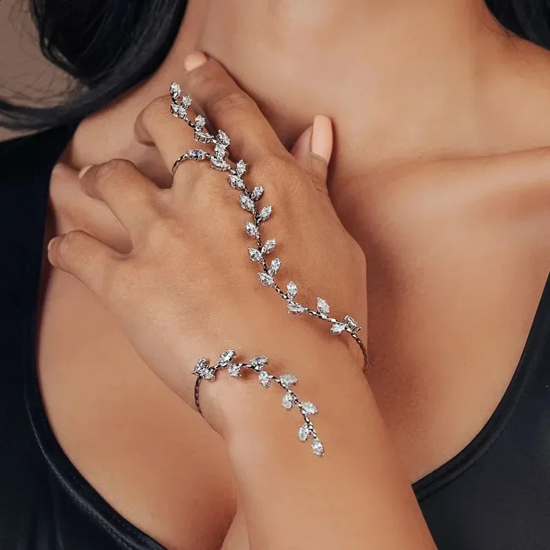 Adjustable Leaf Cube Zircon Bracelet Womens Handmade Bridal Wedding 250415