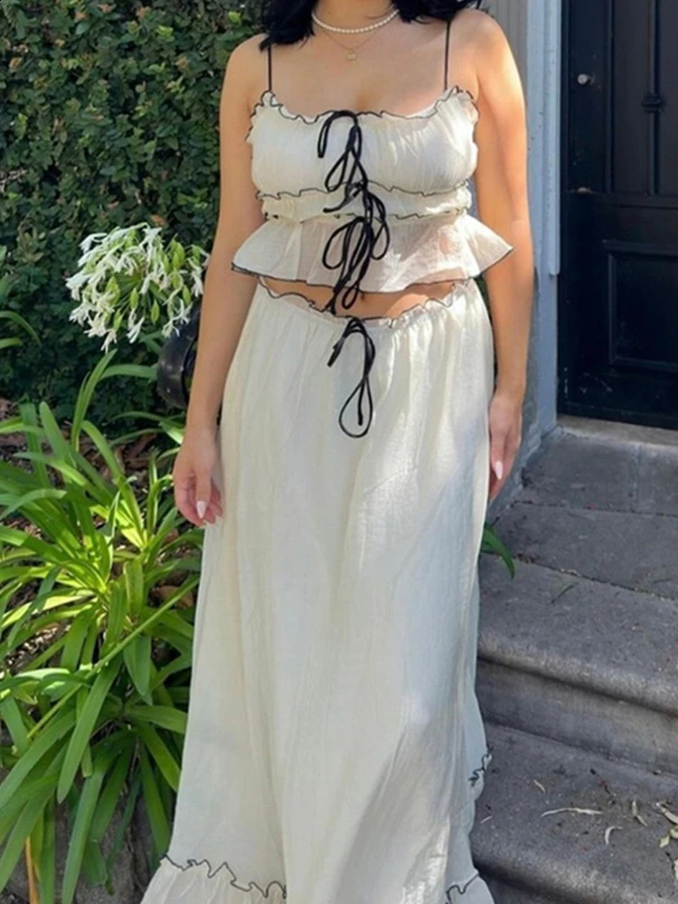 Abrini Elegant Backless Y2K 2-piece Lace spaghetti Strap Folded Hanging Tank TopBeach Skiing Set Holiday Womens Wear 250423