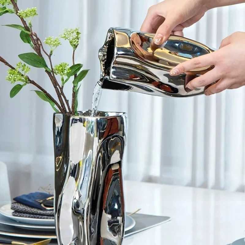 Silver Flower Pot Ceramic Vase Ornament Living Room Flower Vase Light Luxury Modern Simple Dining Table Home Decoration Jarrones C251124
