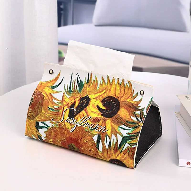 Ins Oil Painting Paper Box Leather Tissue Cover Car Creative Desktop Student Dormitory Office Storage for Living Room BedroomM251124