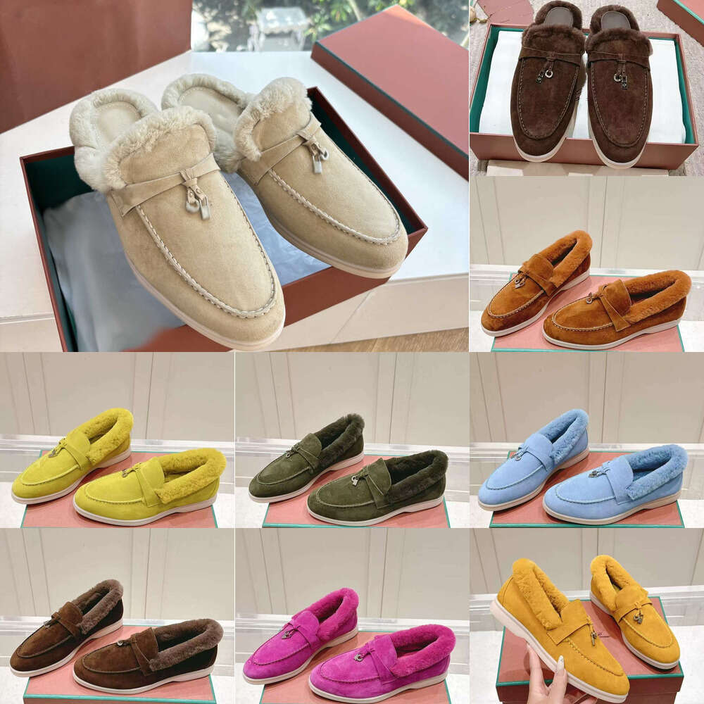 Luxury Mule sabot Retro fluffy Furry Slippers fur slide Designer shoe loafer womens mule clog sandal Round Toe Flat Suede leather warm winter loafer shoe casual shoes
