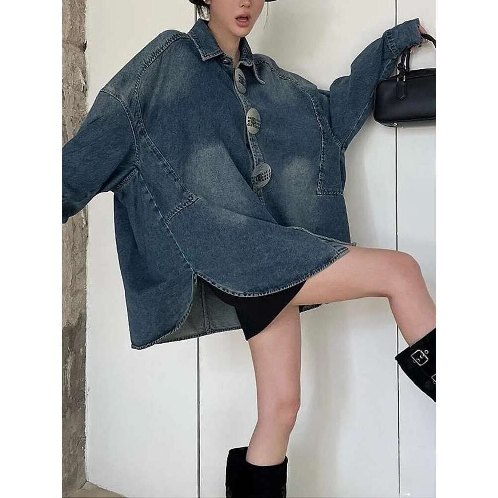 TWOTWINSTYLE Solid Patchwork Designer Chic Denim Jackets For Women Lapel Long Sleeve Spliced Button Loose Coats Female Fashion
