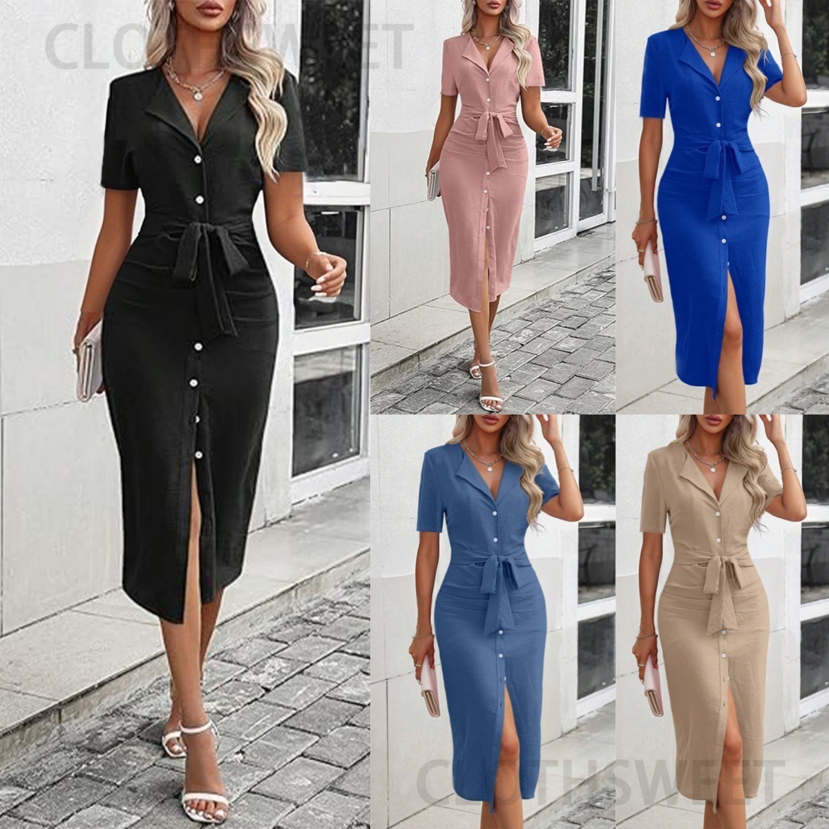 2025 summer solid color V-neck waist cinched lace up temperament slit dress for women