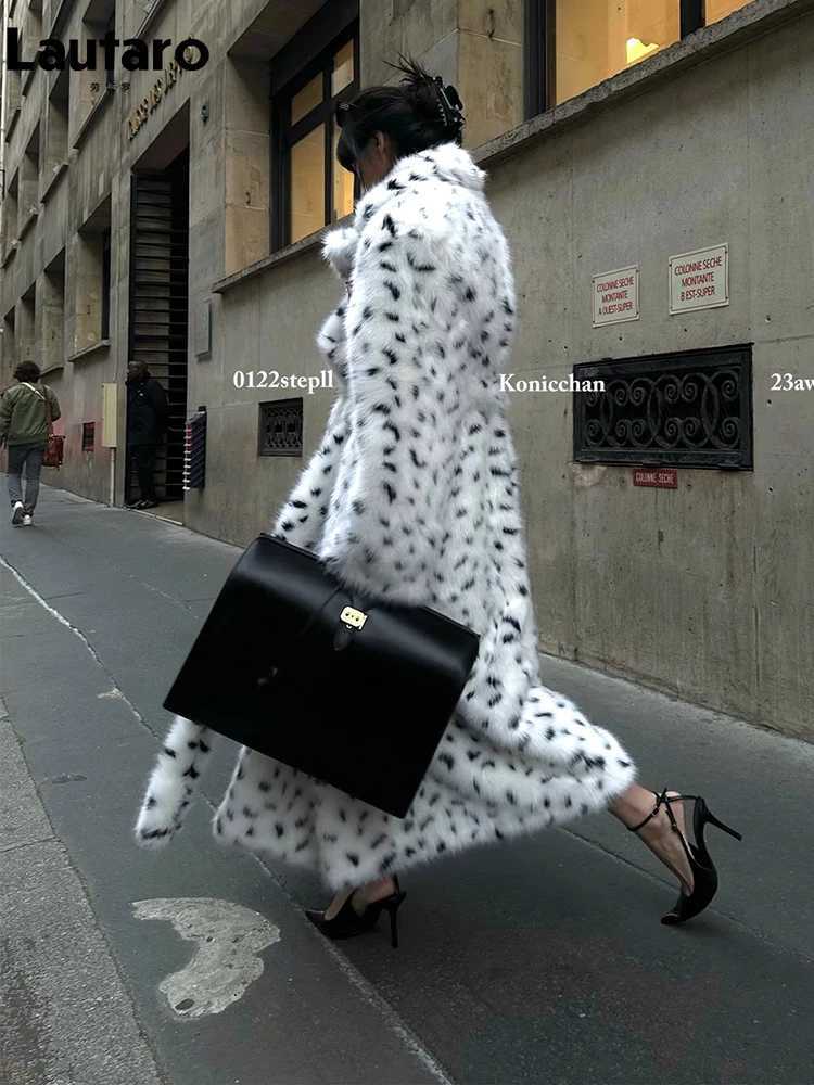 Lautaro Winter Extra Long Thick Warm Colorful Polka Dot Soft Fluffy Faux Fox Fur Coat Women Sashes Loose Furry Overcoat 2023 J251124
