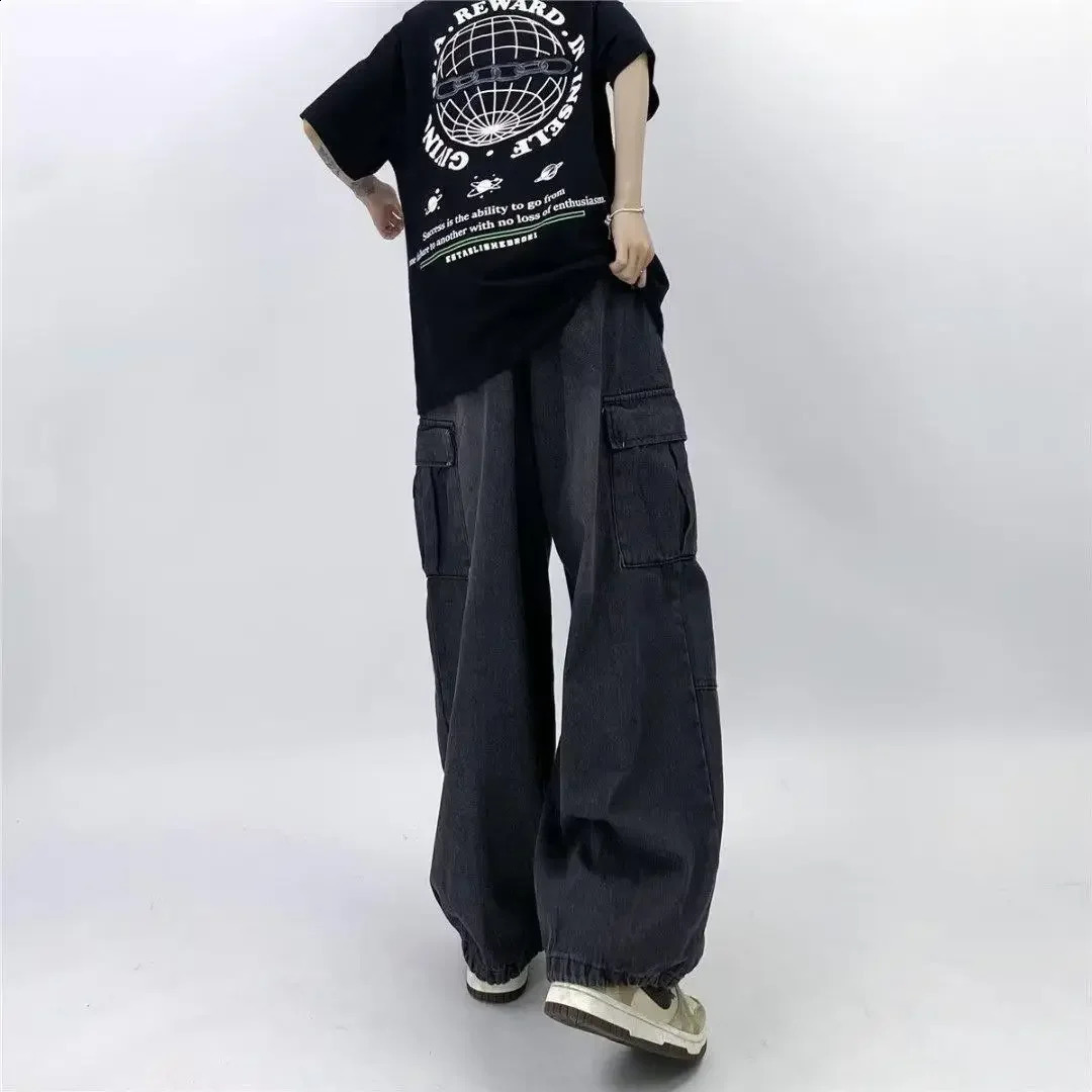 hip-hop casual wide leg cargo pants straight leg loose fit suitable for mens large pocket jeans 250423