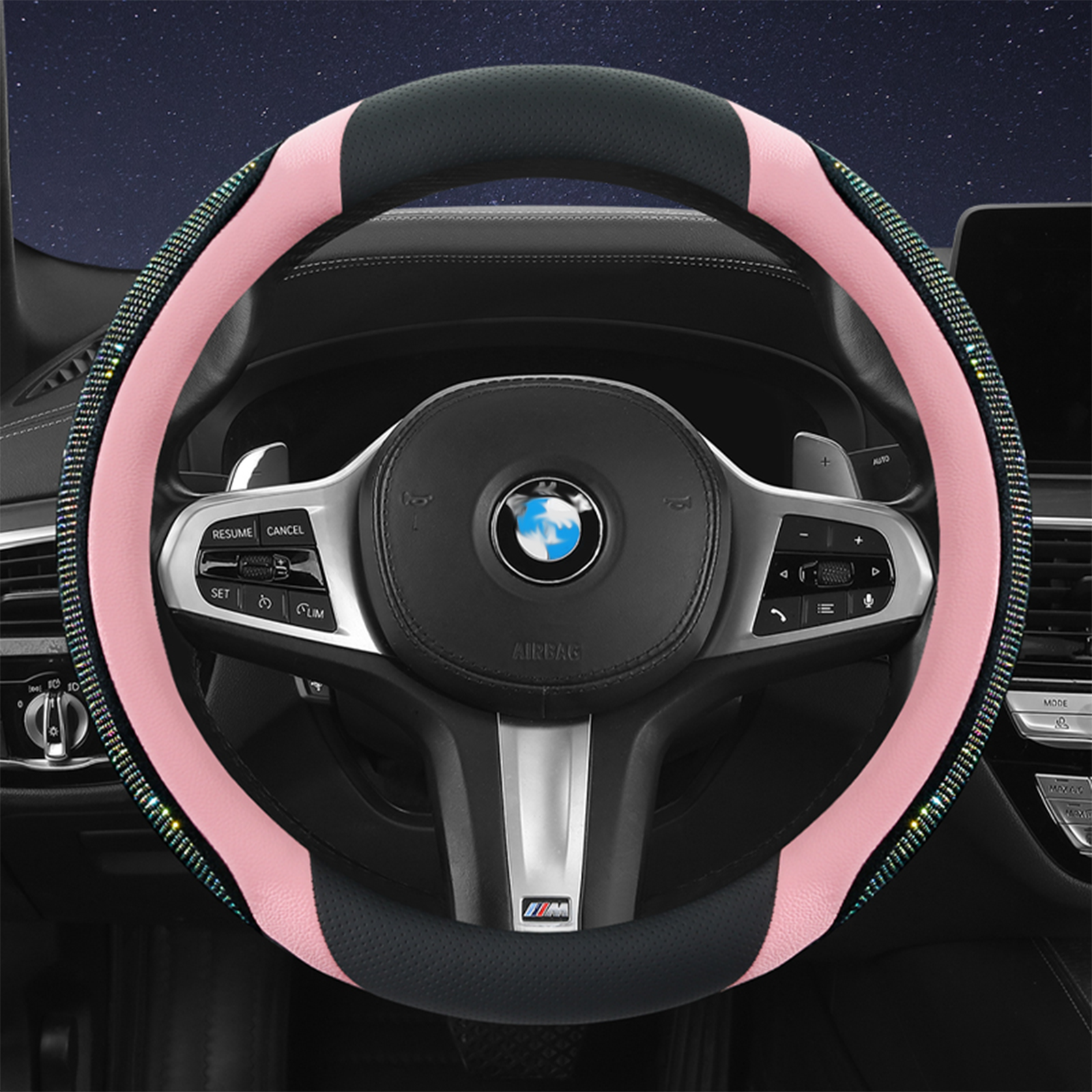 Leather Steering Wheel Cover for Women & Girls | 15inch/38cm Universal Anti-Slip Bling Wheel Protector | Crystal Rhinestone & Rainbow Diamond Decor | 