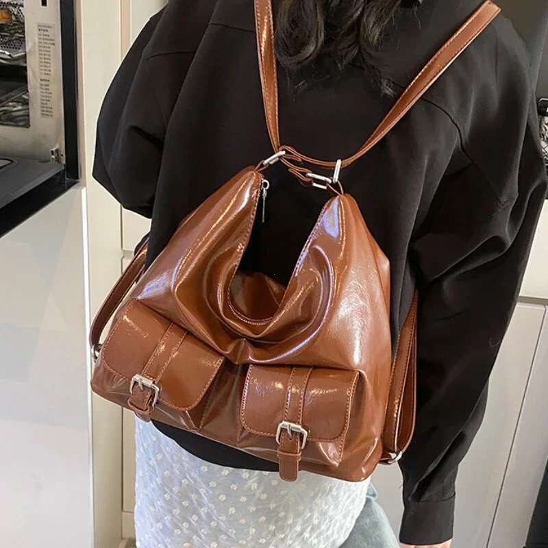 Fashion Pu Women's Backpacks Large Capacity Multiple Pockets Shoulder Underarm Bag Y2k New Maillard Style Ladies Travel Handbags