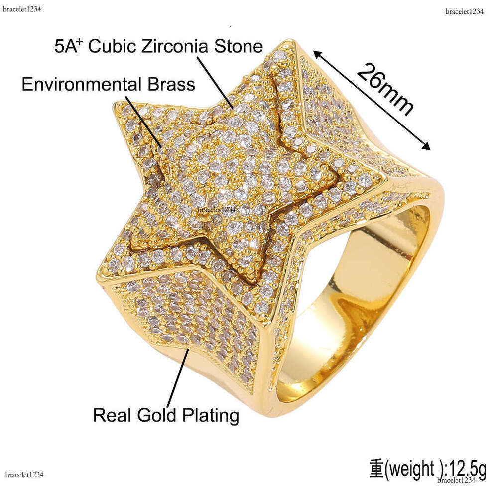 Luxury designer Hip Hop Ice out VVS Moissanite 3D five-point star double copper plated real gold Men women Hip hop rings