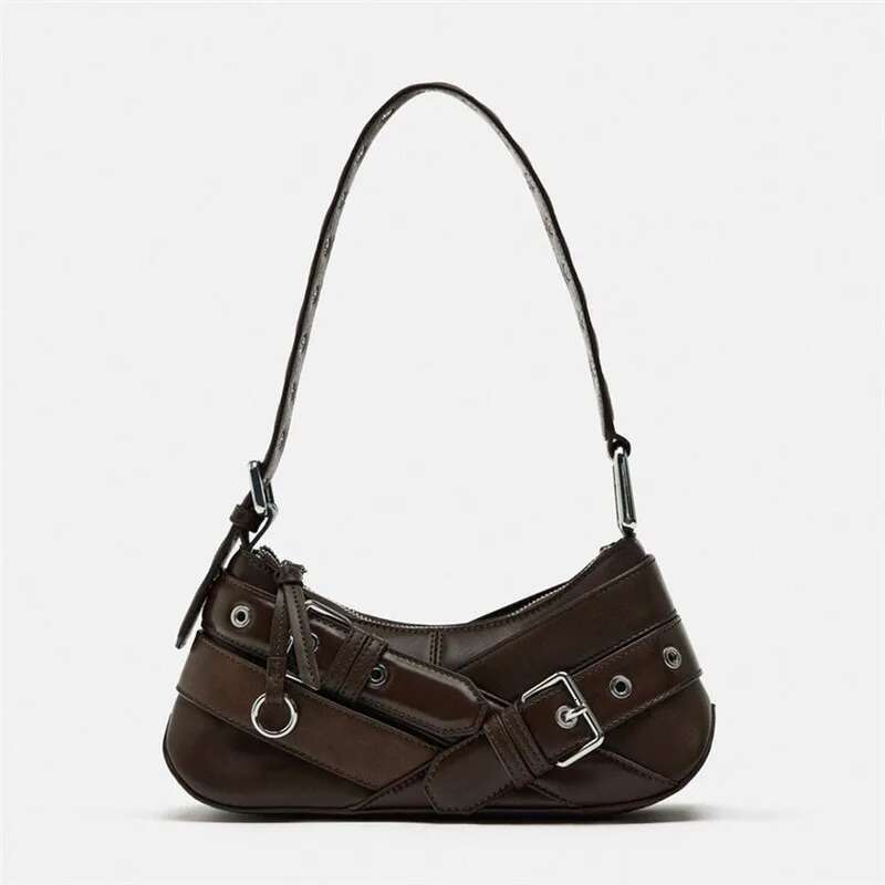 Designer Bag Y2k Fashion PU Leather Shoulder Bags For Women Punk Belt-Decor Locomotive Lady Underarm Bag High-End Female Handbags Black Brown