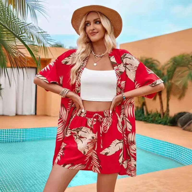 Summer New Women's Fashion Printed Casual Vacation Style Cardigan And Shorts Set