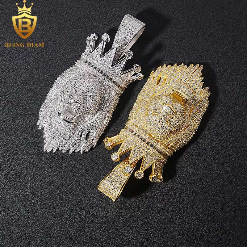 Hip Hop Jewelry 3D Crown Lion Animal Pendant Moissanite Real Gold Plated 925 Sterling Silver Charm Pendant