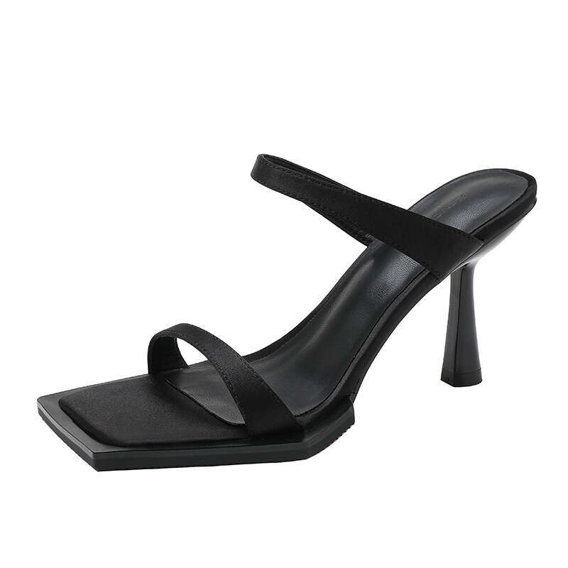 Woman Sandals New Fashionable Square Open Toe High Heeled Shoes With Chain Huizhou Women S Shoes Slim Heels Black Sexy Sandals
