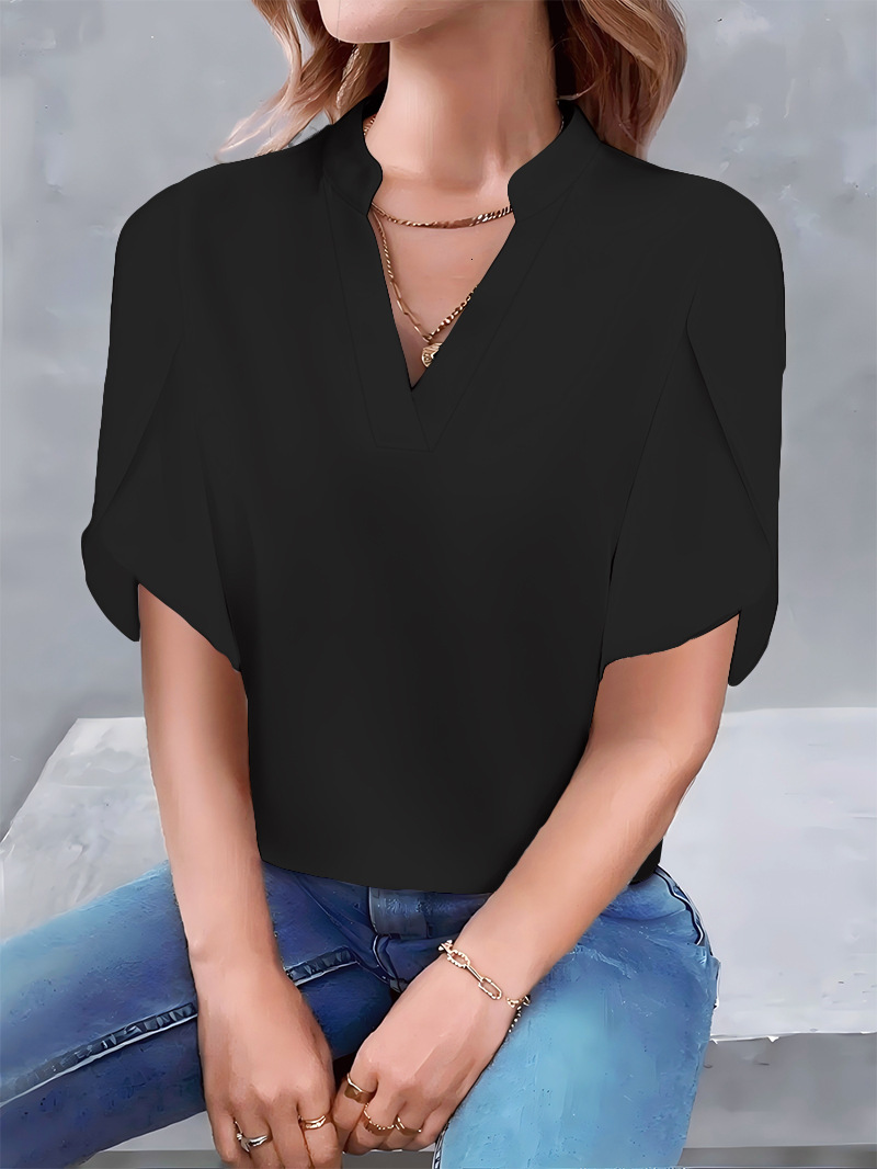 2025 Summer Fashion Simple V-neck Petal Sleeve Solid Color Womens Shirt Womens Shirt