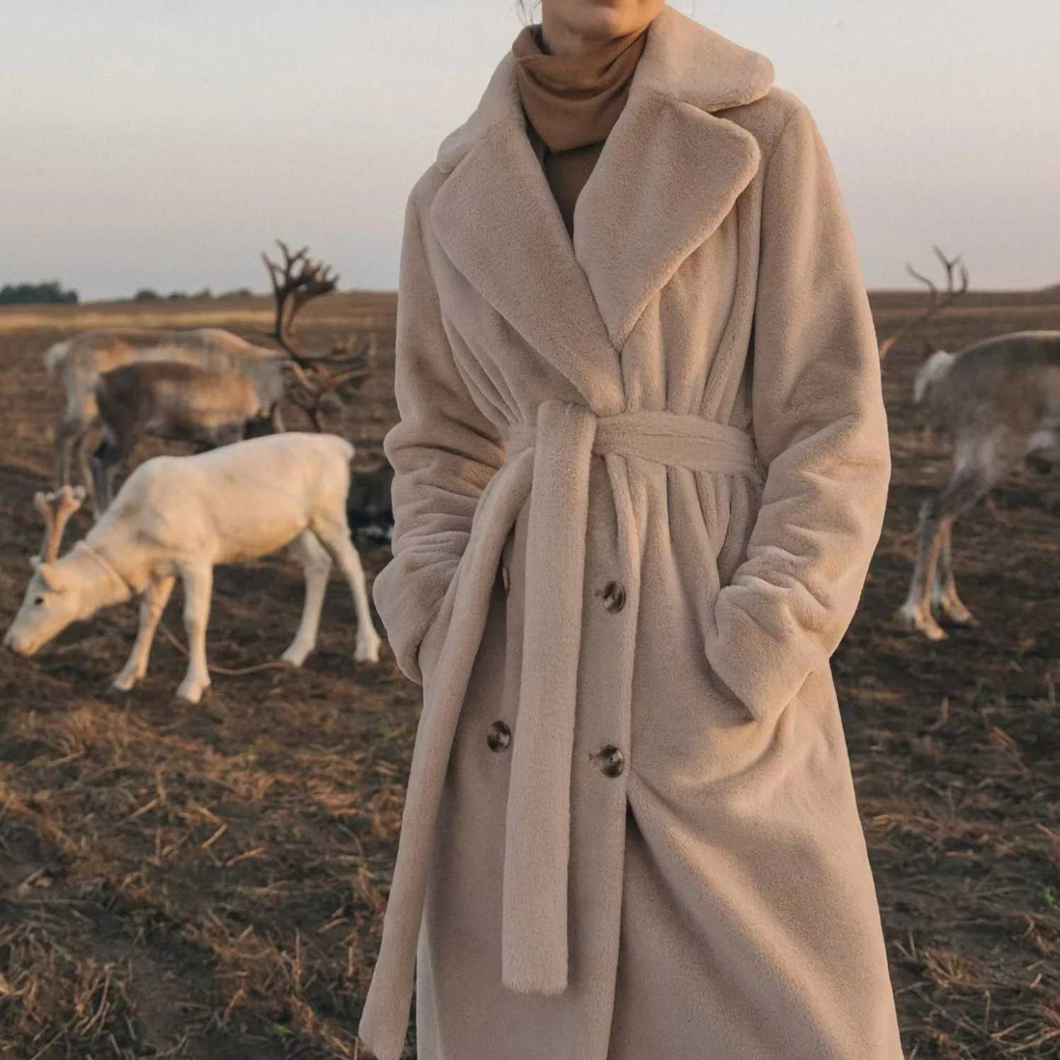 Belted Winter Womens Mink Fur Overcoat Solid Lapel Collar Long Female Eco Fur Coat Double Breasted Detailed Lady Faux Fur Coat J251124