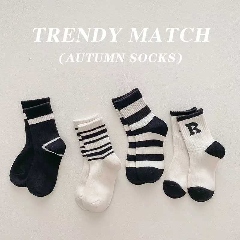 4Pairs Letter Striped Thick Warm Cotton Kids Half Socks Cute Cozy Sports Soft Breathable Brushed Childrens Sock For Boys Girls G251124