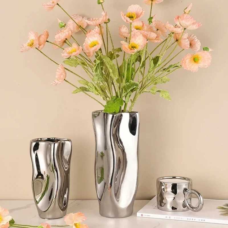 Silver Flower Pot Ceramic Vase Ornament Living Room Flower Vase Light Luxury Modern Simple Dining Table Home Decoration Jarrones C251124