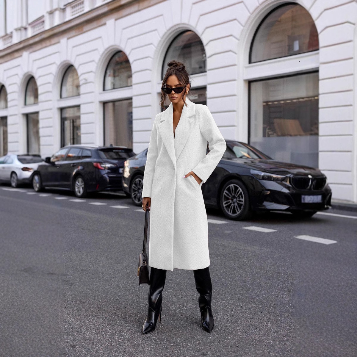 2024 Winter Simple Solid Color Long Sleeve Medium Long Woolen Coat Womens Wear