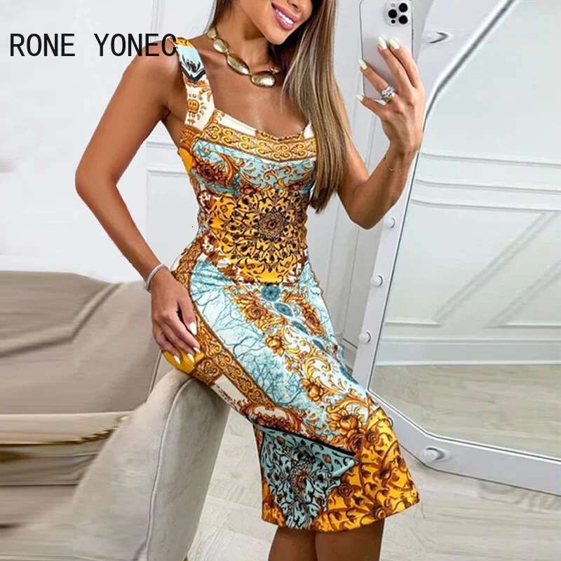 Women All Over Print Vintage Pattern Sleeveless Bodycon Midi Sexy Party Dresses