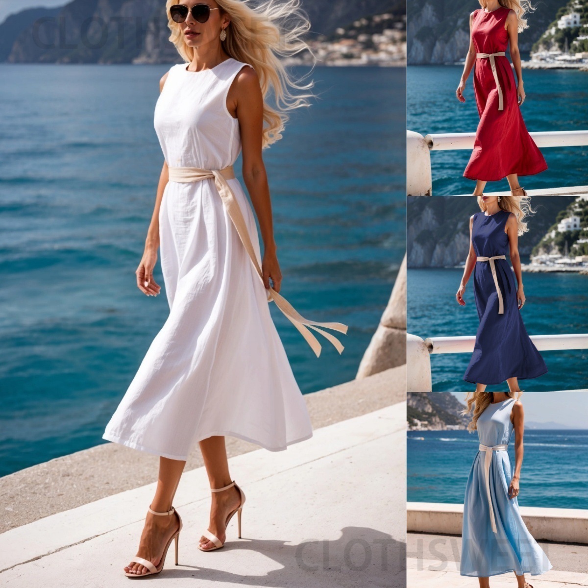 2025 New Summer Fashion Solid Color Waist Strap Medium Length Dress for Women