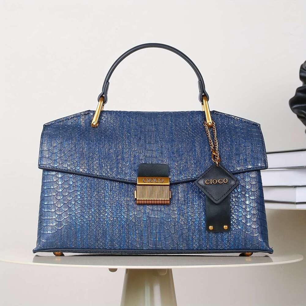 New Retro Blue Snake Pattern Premium Stylish Lightweight Large Capacity Shoulder Handbag For Women