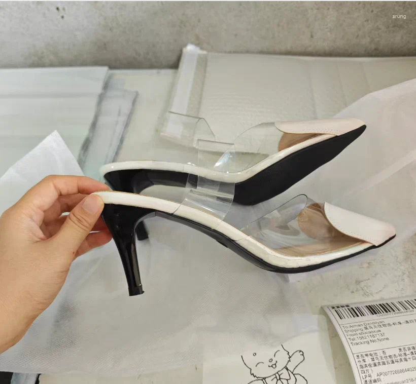 Dress Shoes Elegant Pointed Toe Transparent PVC Heart High Heels Mules Slipper Women 2025 Black White Red Luxury Designer Pumps