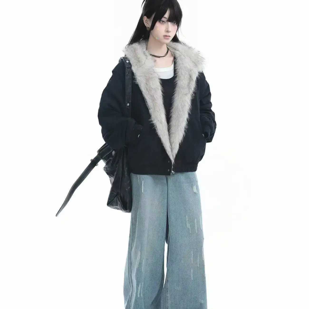 American Harajuku Warm Jacket Mens and Womens Retro Simple Plush Jacket with New Loose Leather Motorcycle Punk Fur Collar Jacket J251124