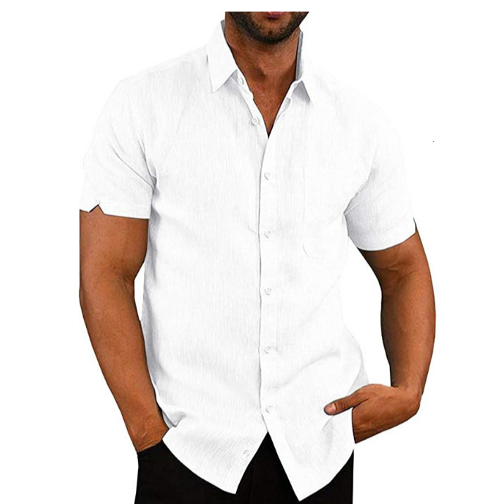 Summer 2019 Lapel solid short sleeve button mens Linen Shirt Mens wear