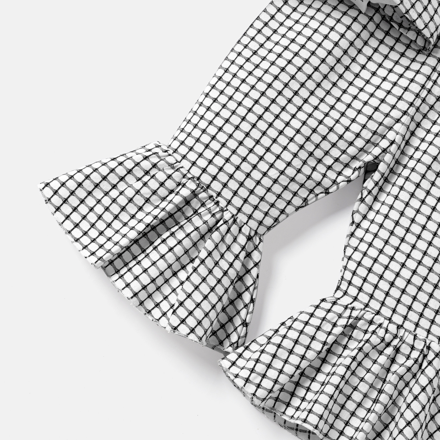 PatPat 3pcs Baby Girl Solid Cotton Ribbed Long-sleeve Faux-two Gingham Print Bow Front Top and Flared Pants & Headband Set
