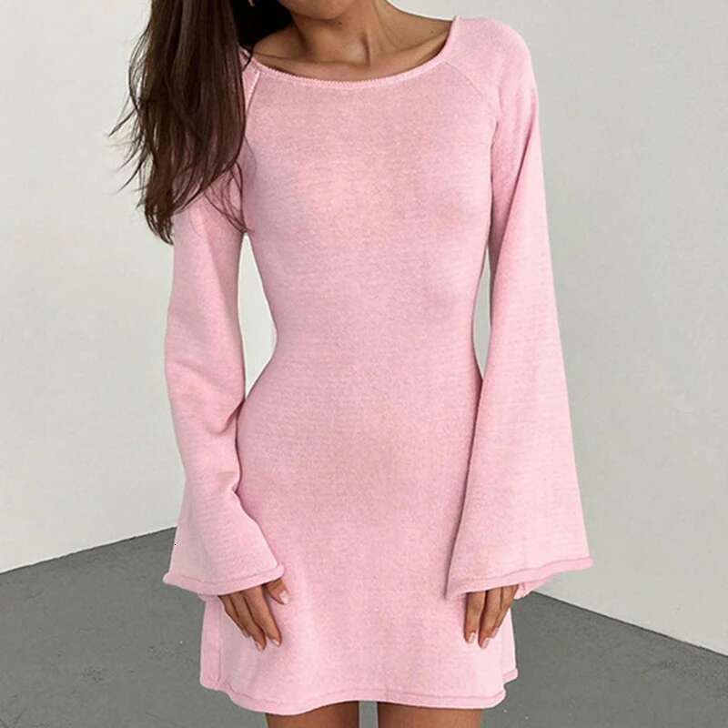 New Sexy Backless Round Collar Cover-Ups Solid Color Knit Beachwear Stylish Horn Sleeve Beach Suit Female Holiday Wrap Dress