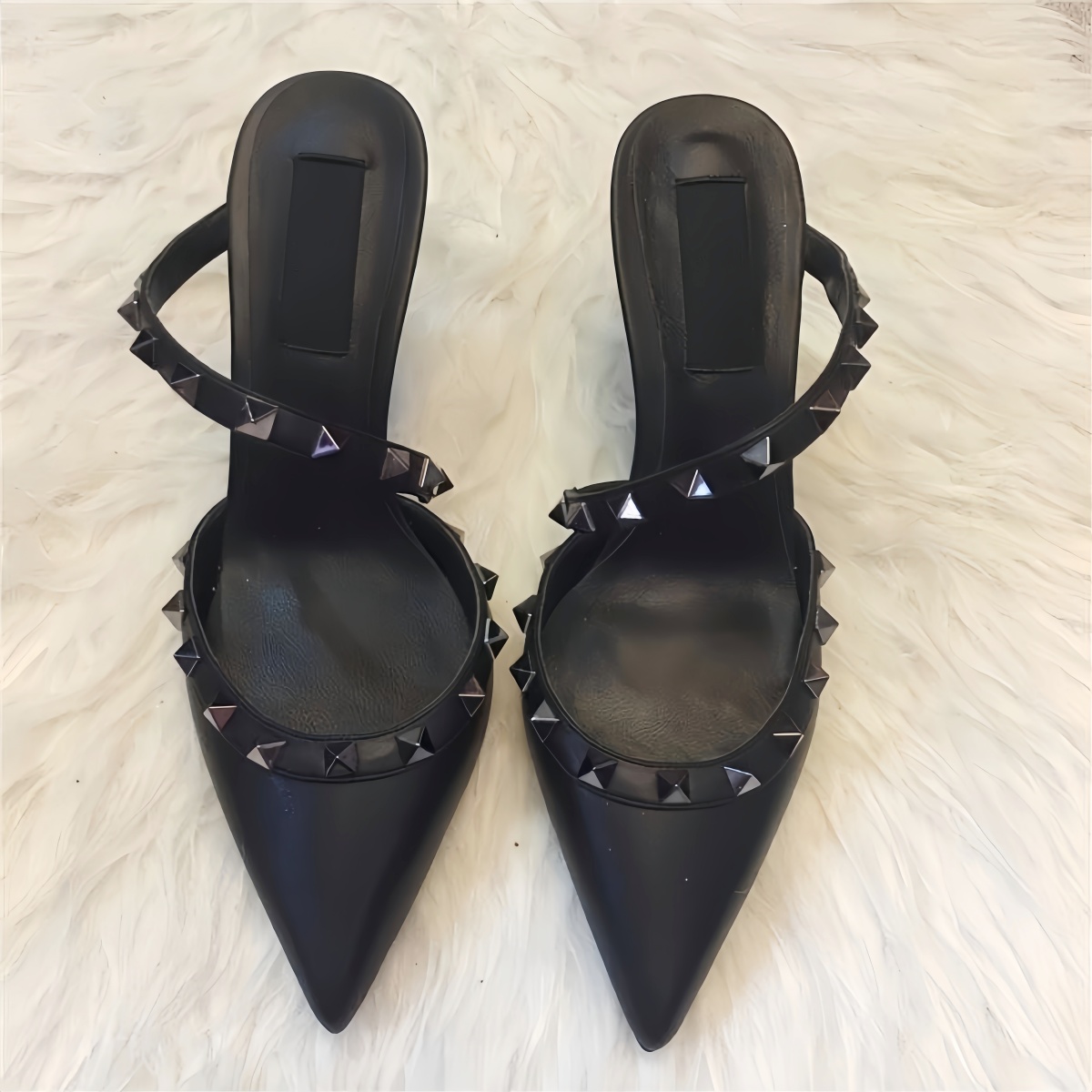 Sexy High Heels Women Sandals Designer Luxury Rivets Slippers 6cm 8cm 10cm Stiletto Heels Pointed Toes Full Black Matte Leather Sandals Summer 35-44