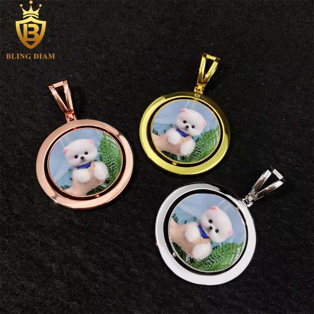 Custom Fashion Jewelry Vvs Moissanite 925 Sterling Silver Rotatable Double-Faced Photo Set Memory Pendant Bulk