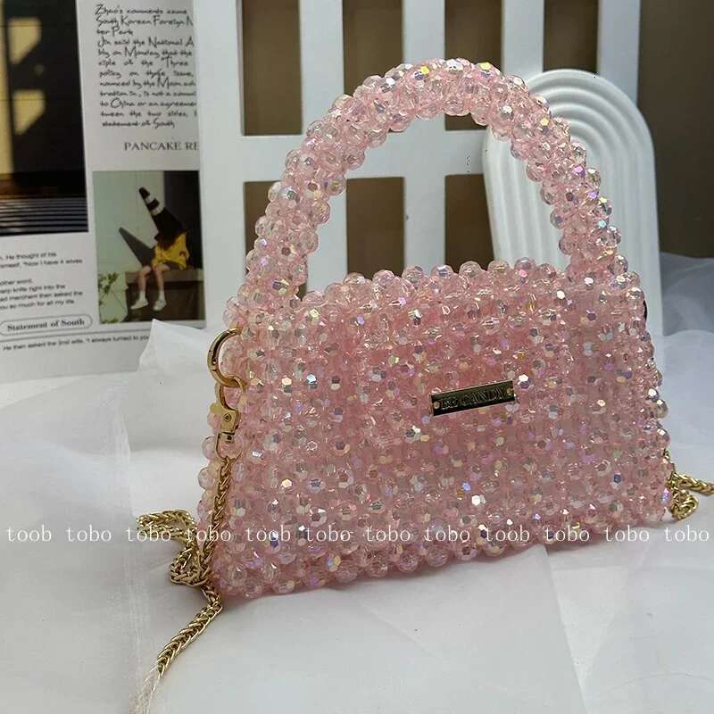 Designer bag Designer bag Designer bag Summer Shining Bling Pink Clutch Bag Acrylic Beaded Woven Handbags for Women Popular Crossbody Dinner Bags with