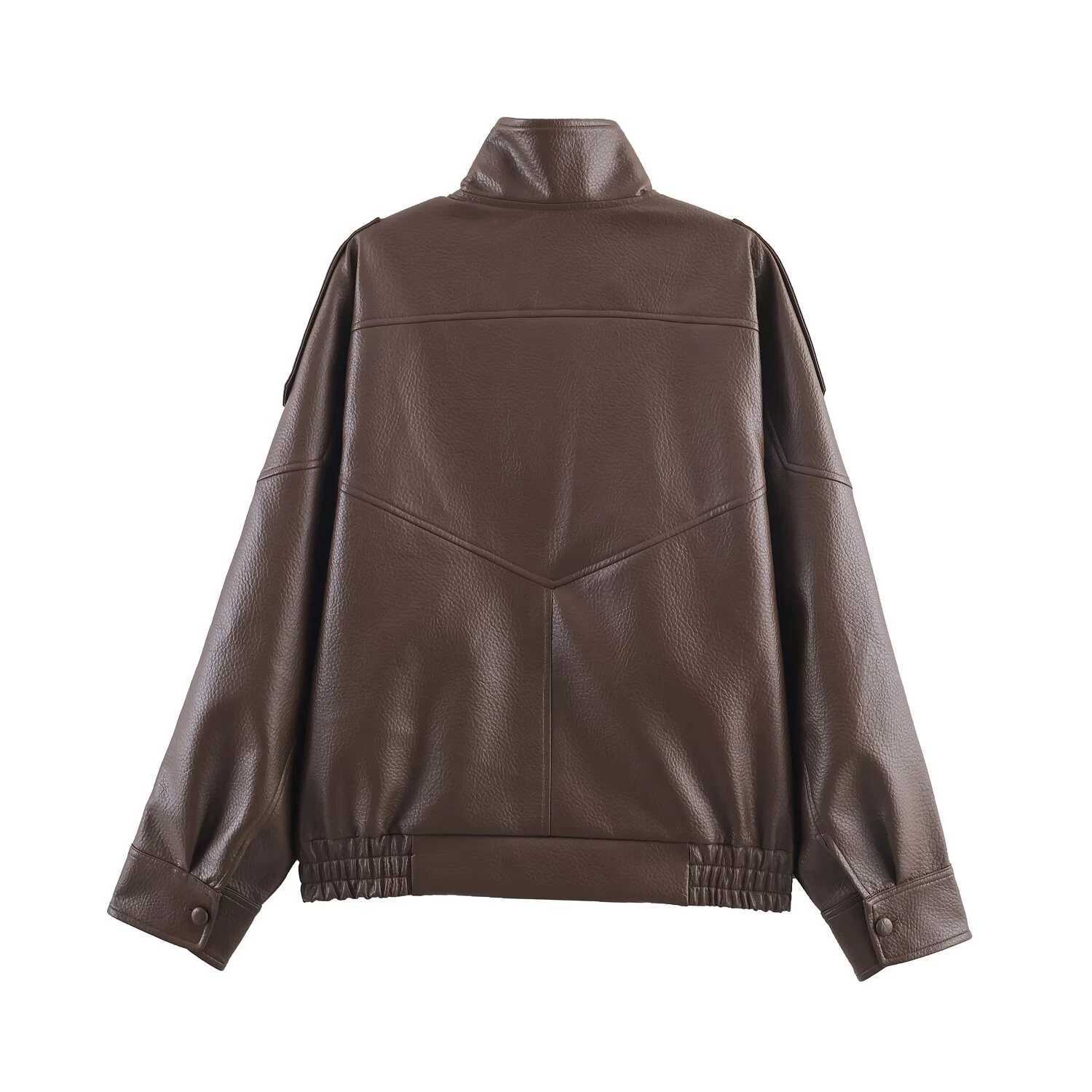 Autumn new womens clothing French motorcycle style standing collar long sleeved imitation leather short jacket J251124
