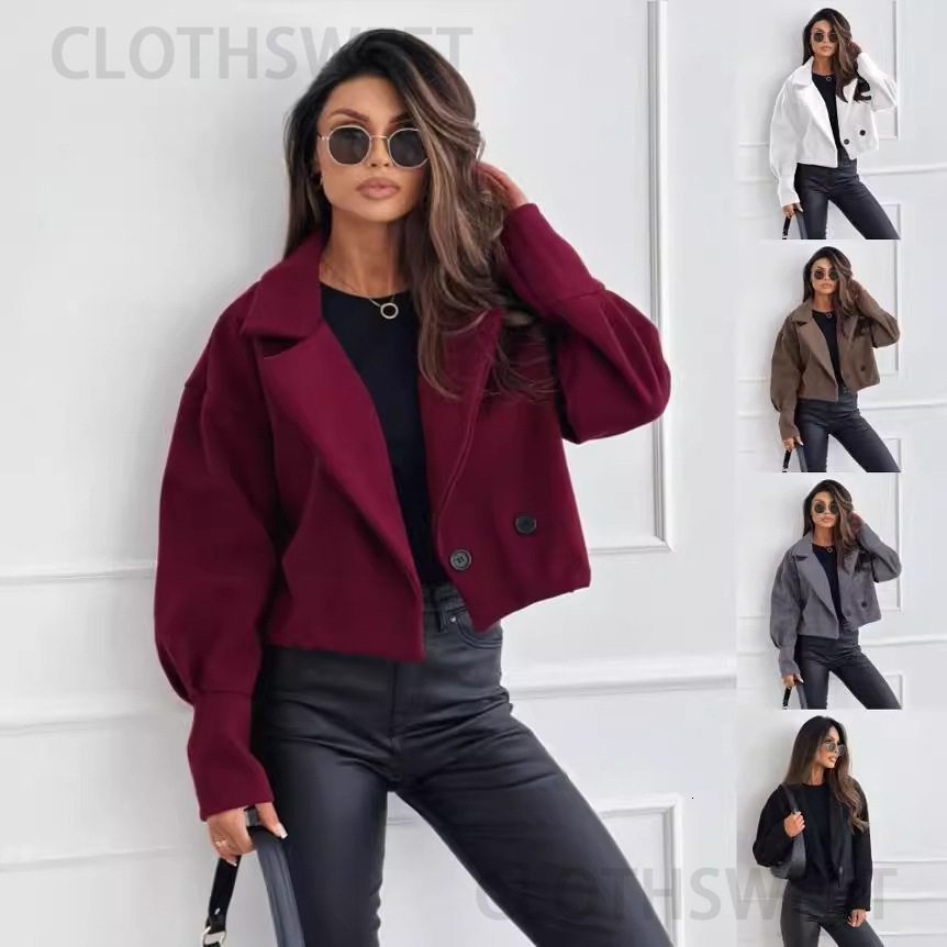 2024 new autumn and winter fashionable versatile suit collar solid color short woolen coat for women