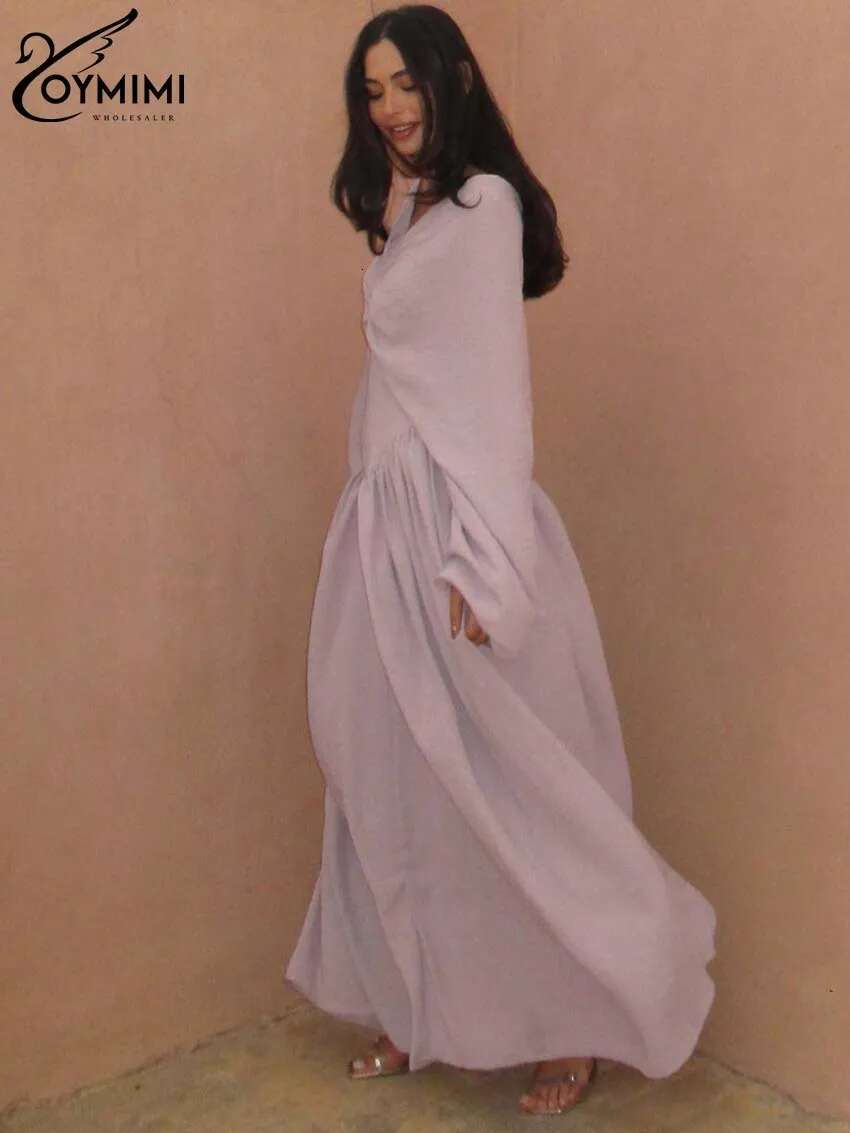 Oymimi Fashion Pink Loose Women's Elegant V-Neck Long Sleeve Solid Dresses Spring Casual Pleated Floor-Length Dress Female