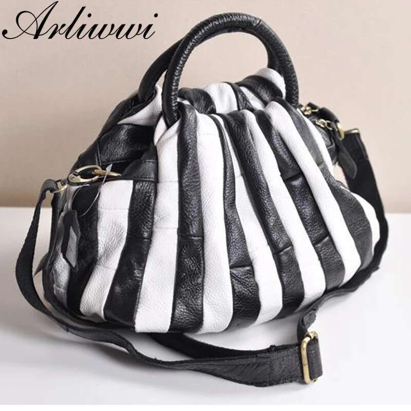 Arliwwi REAL LEATHER Tote Handbag For Women Genuine Cowhide Handmade Patchwork Elegant Cross Body Bags Lady Gj01