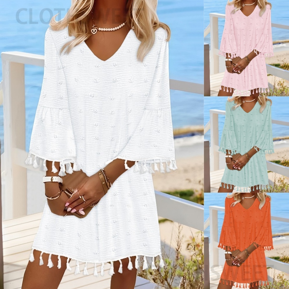 2025 New Spring and Summer Solid Color Simple V-neck Mid Sleeve Loose Tassel Dress for Women